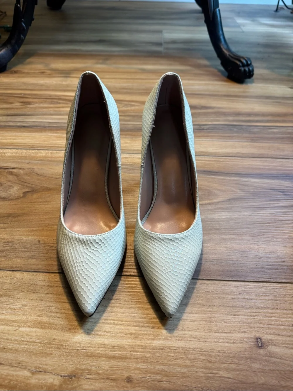 Pointed-Toe Stiletto Pumps in Light Yellow Textured Finish